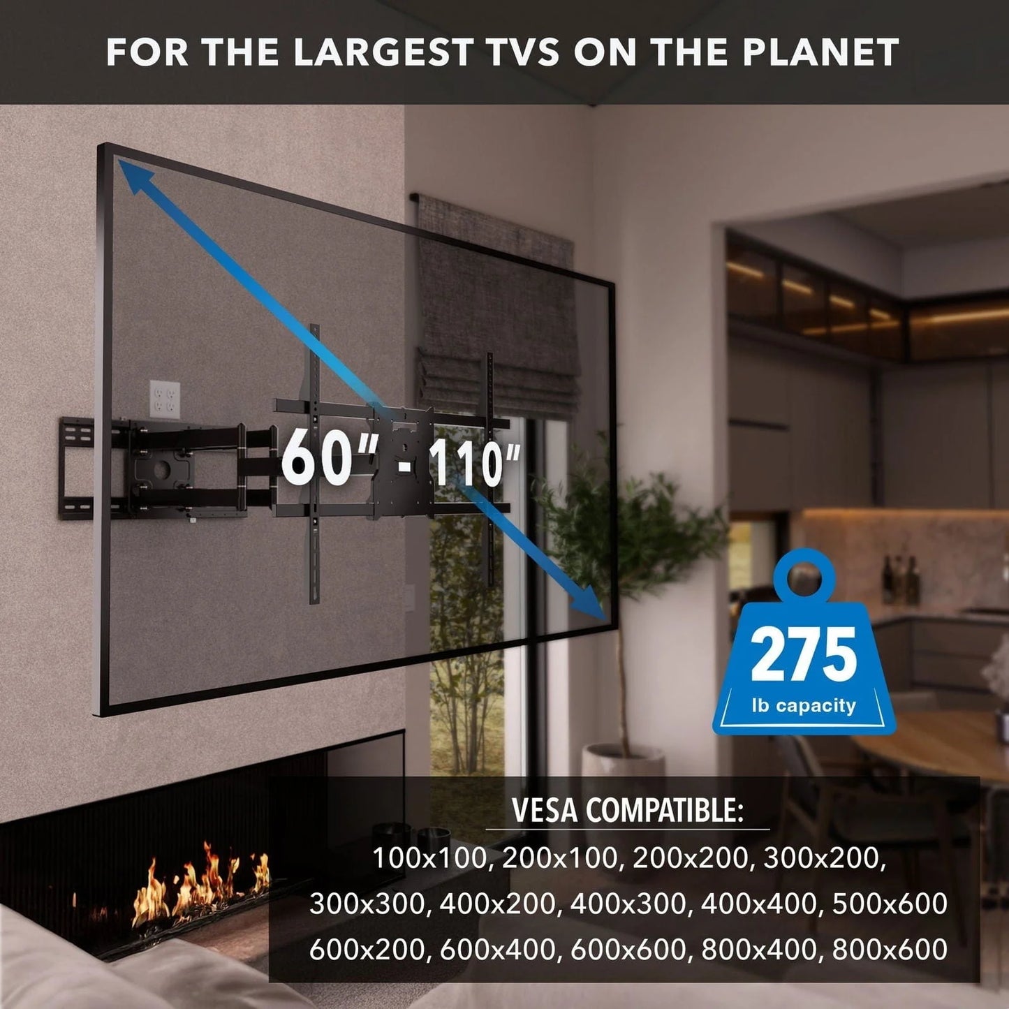60" - 110" Heavy Duty, Full Motion TV Wall Mount With Extra Long Extension